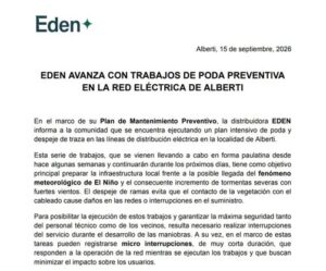 COMUNICADO: EDEN AVANZA CON TRABAJOS DE PODA PREVENTIVA EN LA RED ELÉCTRICA DE ALBERTI